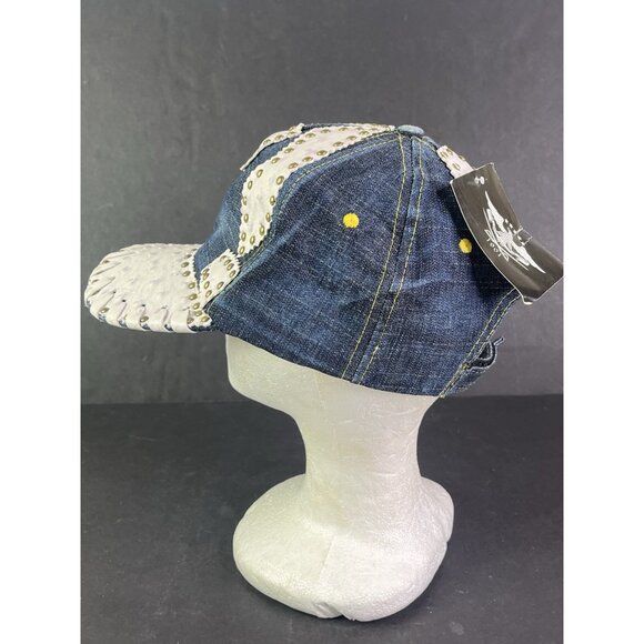 NEW Denim & White Ball Cap Hat Imitation Ostrich Skin Studs Adjustable Strap - Picture 3 of 8
